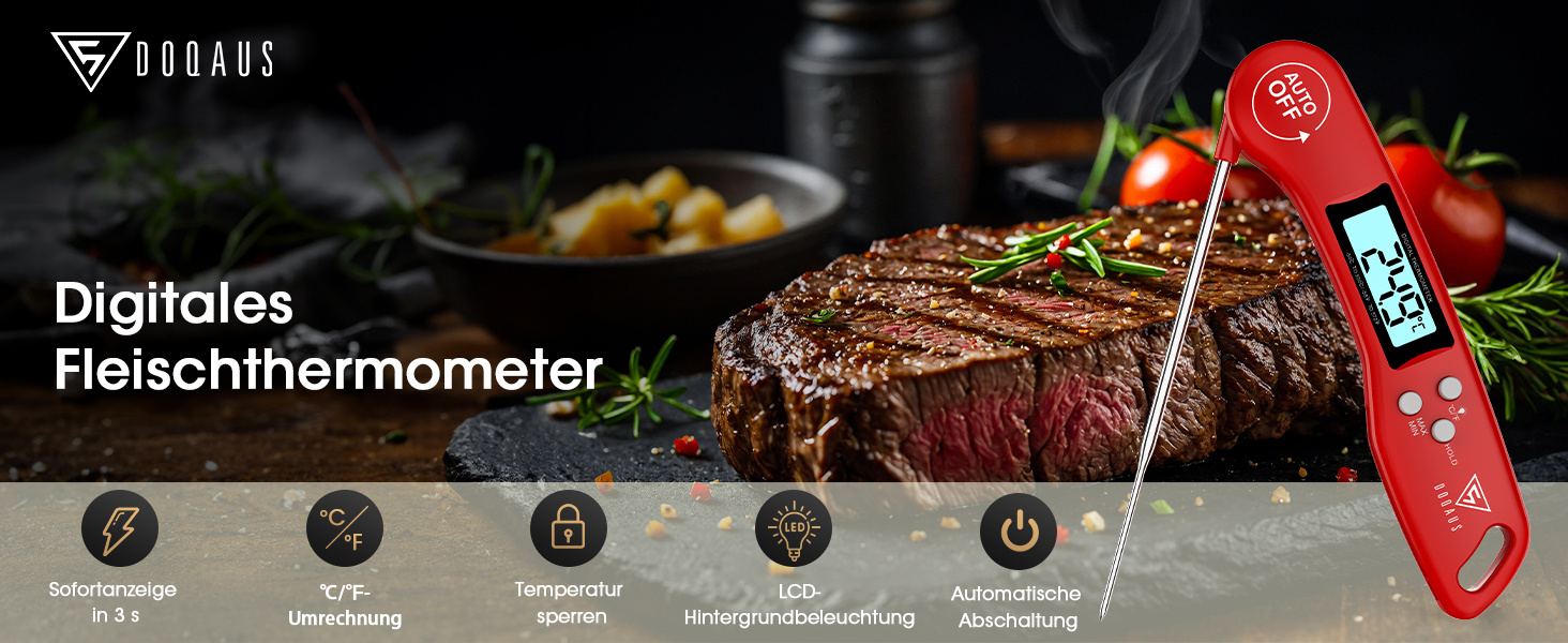 Цифровий термометр для м'яса DOQAUS: приготування на грилі, BBQ, приготування їжі. Швидке зчитування, довга сонда, LCD-дисплей.
