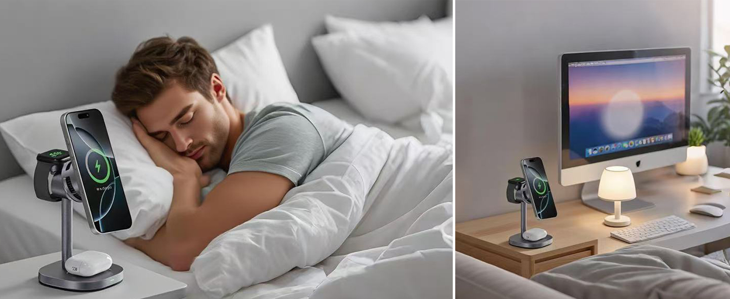 MOGU Бездротова зарядна станція 3-в-1 з магнітною фіксацією та охолодженням TEC, 15W, сумісна з MagSafe iPhone 12-17, Samsung S24-S26, Apple Watch, AirPods + адаптер 45W