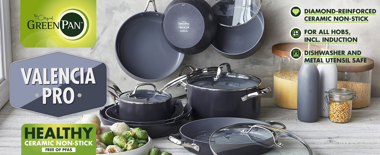 GreenPan Valencia Pro 16-Piece Cookware Set with Harteloxed, Healthy, Ceramic Non-Stick Coating, PFAS-Free, Induction, Dishwasher Safe, Oven Safe, Gray Cookware Set
