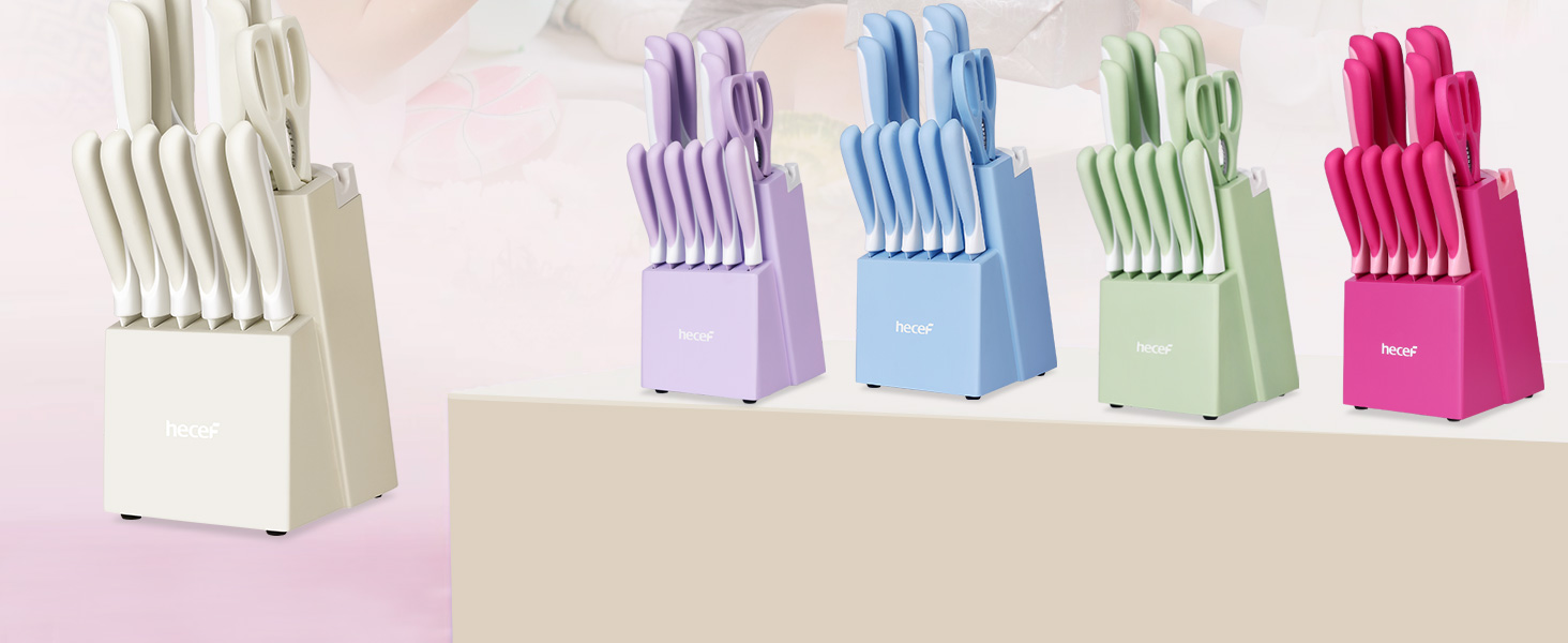 Набір ножів Hecef 14 предметів з бруском, кремового кольору, з антипригарним покриттям. Самозаточувальний ніжний блок, ергономічні ручки, компактний набір ножів для будь-якої кухні, безпечний для миття в посудомийній машині.