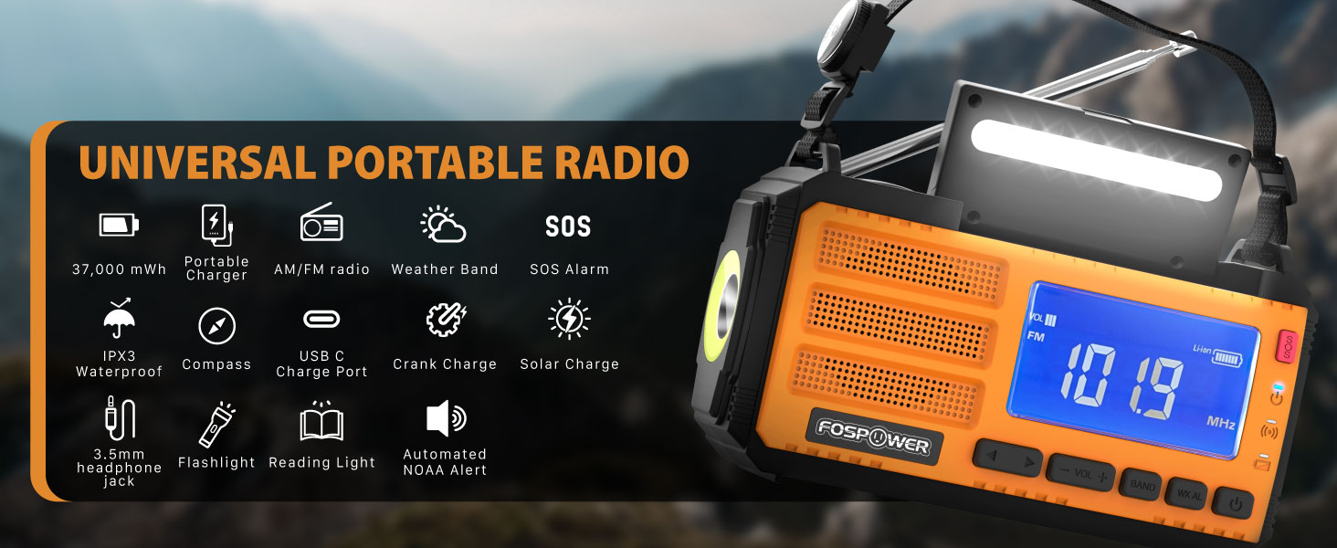 Радіо FosPower для надзвичайних ситуацій NOAA/AM/FM з акумулятором 10000mAh - зарядка USB/Solar/ручка, батарейне живлення, SOS-сигнал та ліхтарик для надзвичайних ситуацій в приміщенні та на вулиці, оранжевий