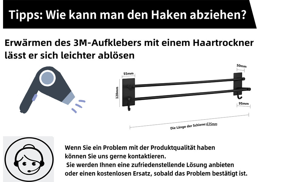 Тримач для рушників на стіну без свердління, нержавіюча сталь SUS304, 3 стійки, 2 гачки, чорний, 60 см