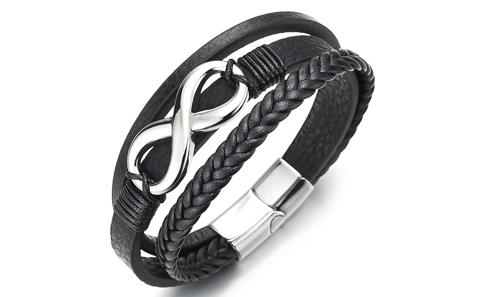 Браслет шкіряний COOLSTEELANDBEYOND Infinity Liebe - срібний, чорний, плетіння з трьох пасм