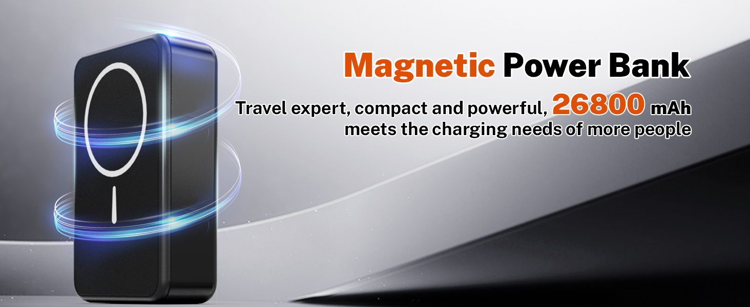 Магнітний портативний Power Bank 26800mAh з USB-C, для iPhone 16/15/4/13/12 та Android, сірий/чорний
