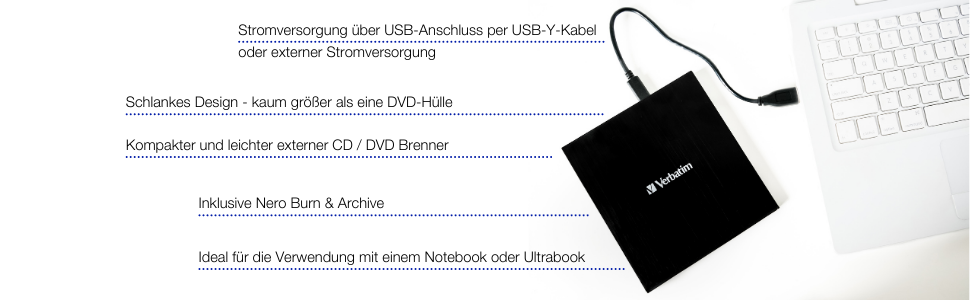 Зовнішній тонкий CD/DVD-записувач Verbatim USB-C USB 3.2 Gen1 з кабелем USB-C на USB-A, компактний привід для ноутбука