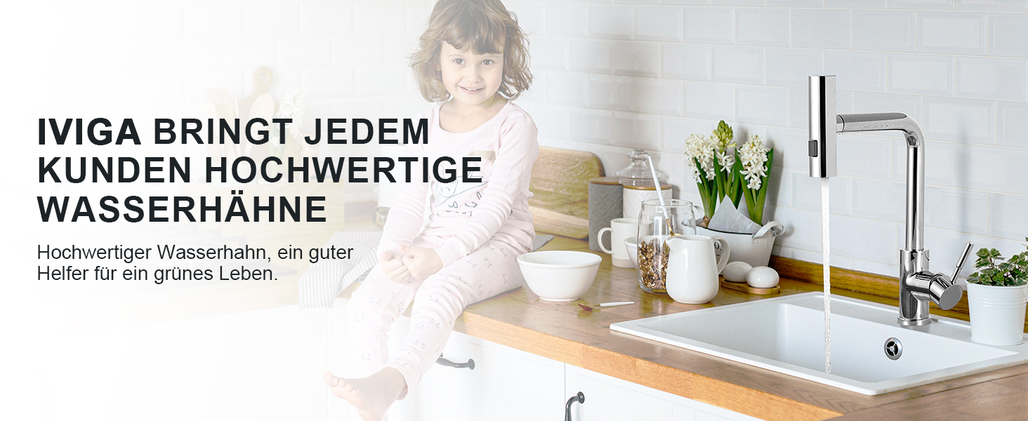 Кран кухонний iVIGA висувний з дощу, водоспад, 360° поворот, мікшер, брашований нікель