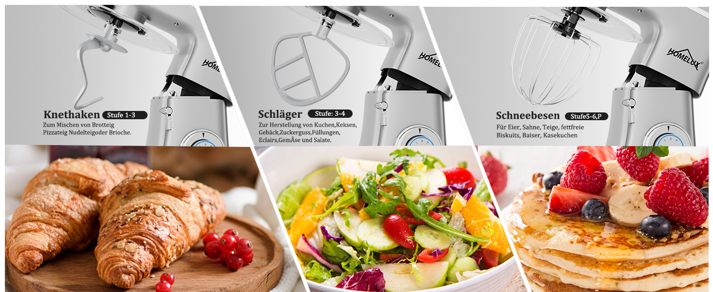 Кухонна машина HOMELUX 1800W з чашею 8 л з нержавіючої сталі, 6 швидкостей, LED-дисплей, насадки для замішування, збивання та нарізки, сіра