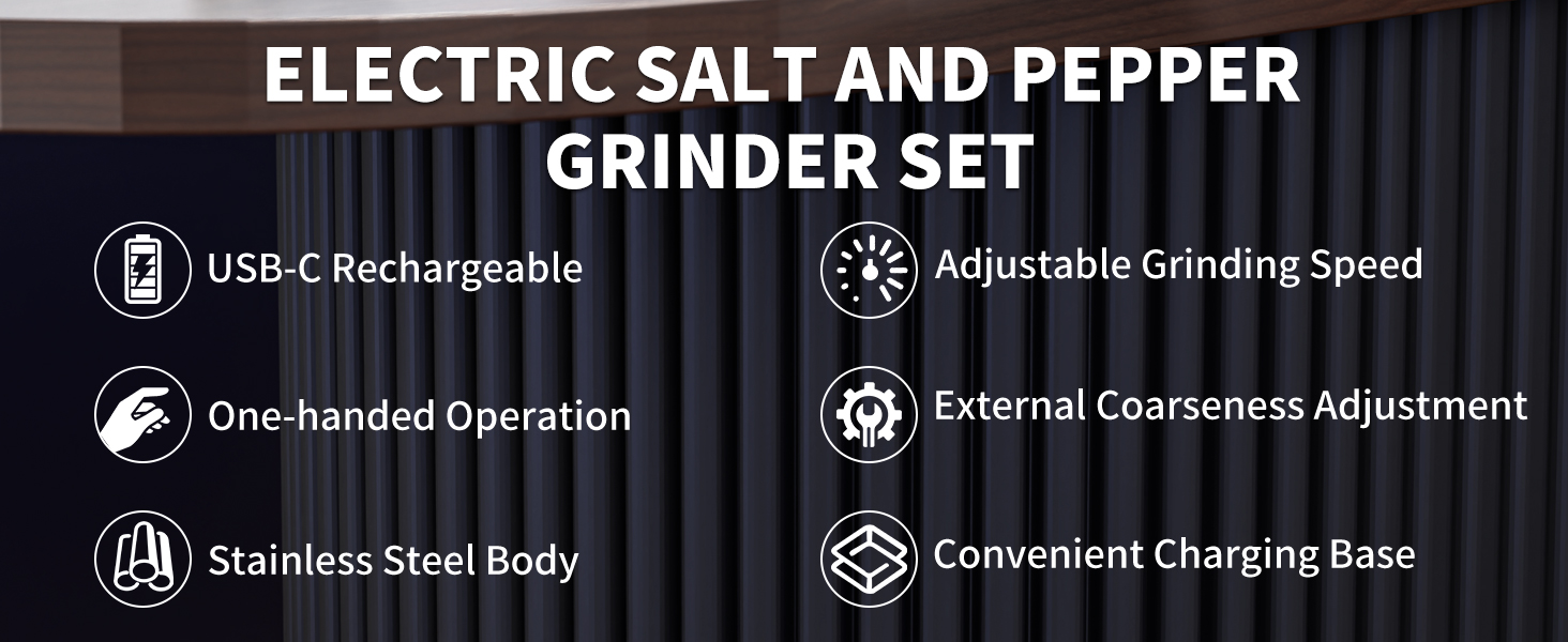 Електричні соляні та перечні млини CIRCLE JOY з нержавіючої сталі з підставкою, 95 мл, біле LED-підсвічування, регульована ступінь помелу, срібні