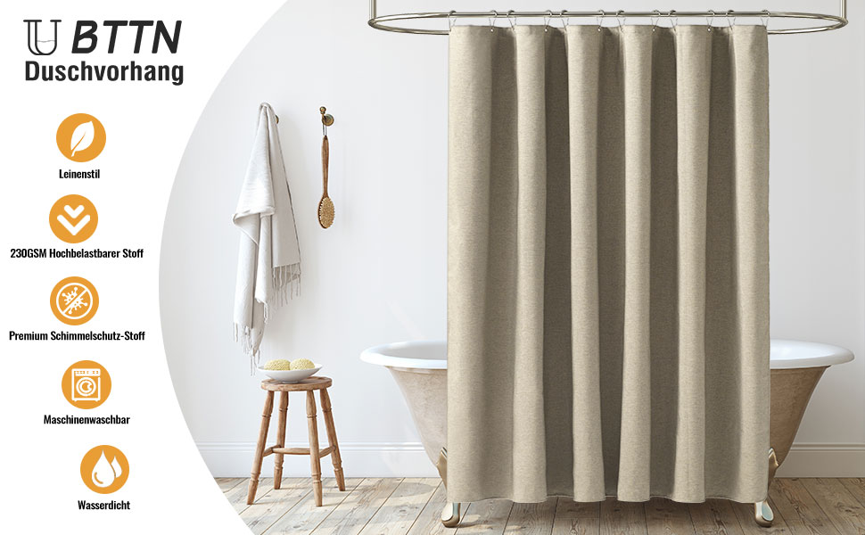 Тканинна шторка для душу BTTN, 180x200 см, льонова текстура, антигрибкова, пральна, текстильна, з 12 гачками, сучасна, водонепроникна, з обтяжувачем, декор з поліестеру, кремовий (хакі, однотонна, H200 x B180 см (1 шт))
