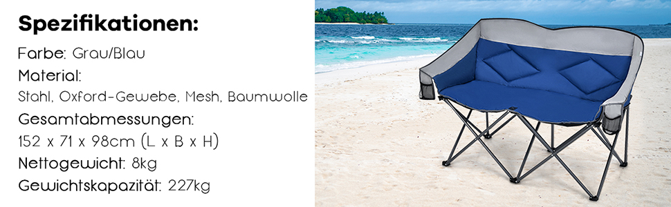 Кемпінговий стілець COSTWAY для двох осіб: складаний стілець з м'яким сидінням, спинкою, підлокітниками та тримачем для напоїв, вантажопідйомність 226 кг