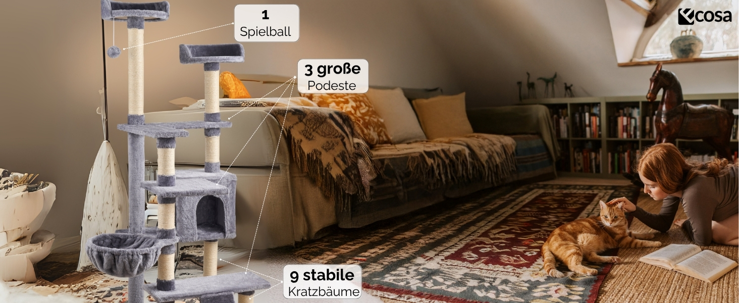Кігтеточка для котів Ecosa® XXL - велика, 170 см, багатоярусна з гамаком та будиночком