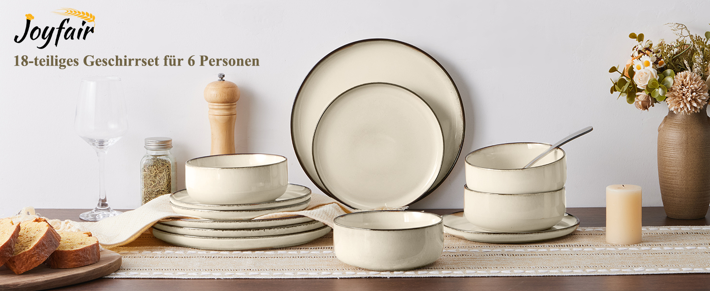 Сервіз посуду Joyfair на 6 осіб, 18 предметів, кераміка, з реактивною глазурью, тарілки для їжі, десертні тарілки, миски для каші, підходить для мікрохвильової печі та посудомийної машини, (Riff Khaki)