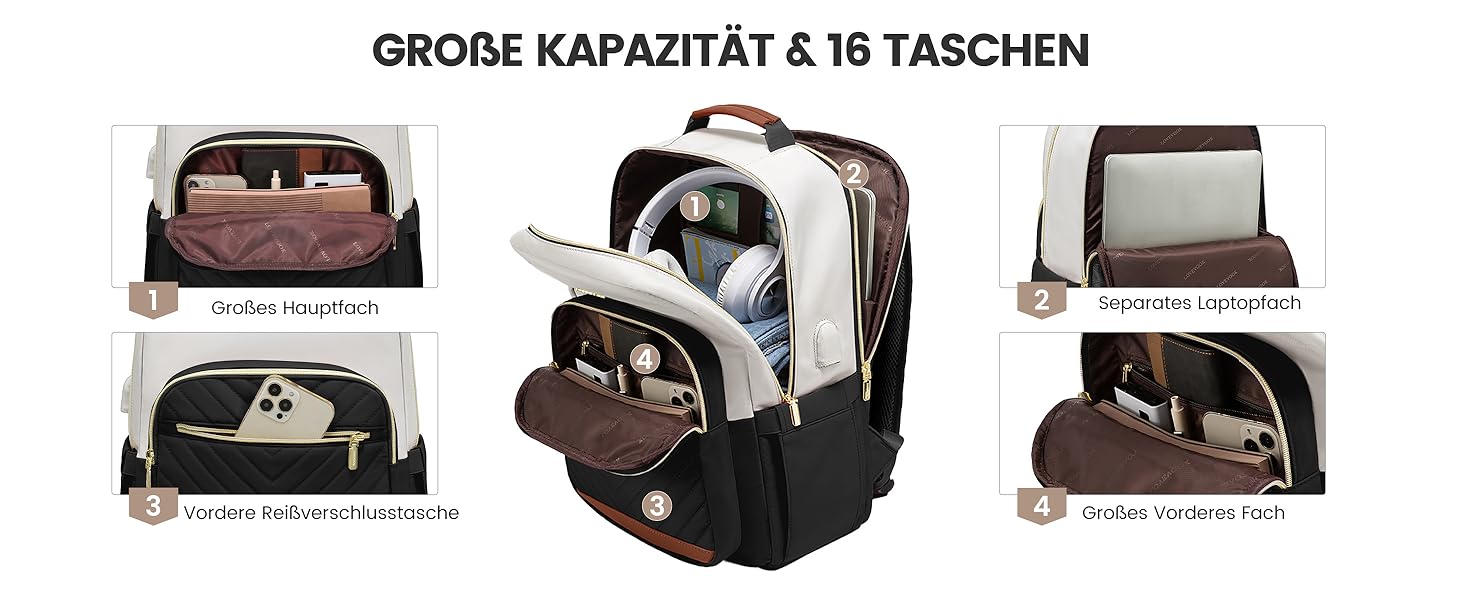 LOVEVOOK Рюкзак для жінок, великий, 15.6 дюймів, сумка для ноутбука, водонепроникний, шкільний рюкзак для дівчаток-підлітків, чорний, елегантний, сумка для роботи, для школи, університету, подорожей, 15.6 дюймів (15.6', Бежево-чорний-коричневий)