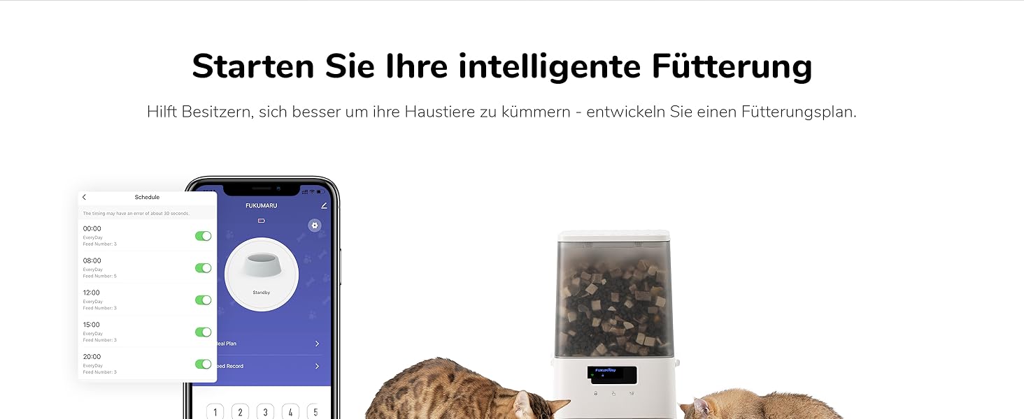 Автоматичний годівниця для котів FUKUMARU 5L з Wi-Fi, подвійний набір, програмований таймер, акумулятор/кабель живлення, білий