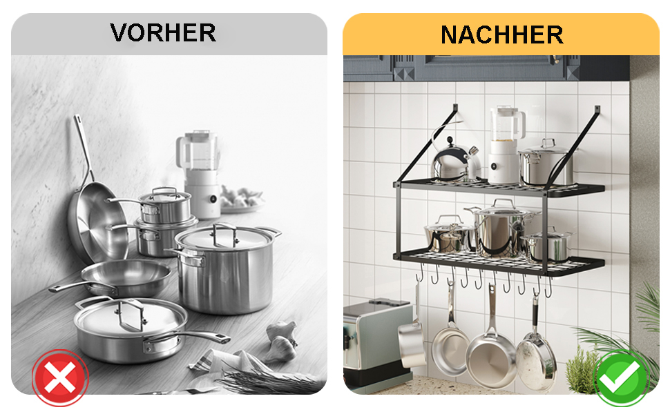 Warmiehomy Kitchen Wall Pot Rack, Wall Shelf Kitchen with 10 Hooks, 2-Layer Pot Pan Organizer, Hanging Spice Rack, Wall Mounted Kitchen Utensil Holder Kitchen Shelf (74.9x34.8x58.9 cm)