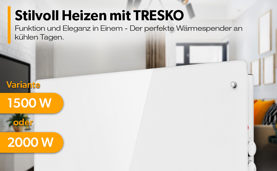 Електричний конвекторний обігрівач TRESKO® 1500 Вт | Скляний конвектор | Обігрівач для дому | Чорний колір