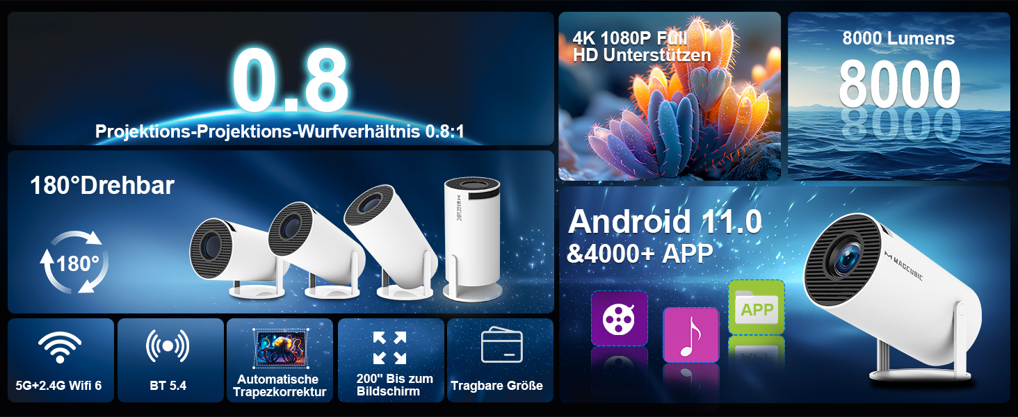 Mini проєктор Beamer 4K Android 11 Smart, електричний фокус, 5G WiFi 6, BT 5.0, Full HD 1080P, 260ANSI, автоматичне виправлення трапецеїдальних спотворень, 5W динамік