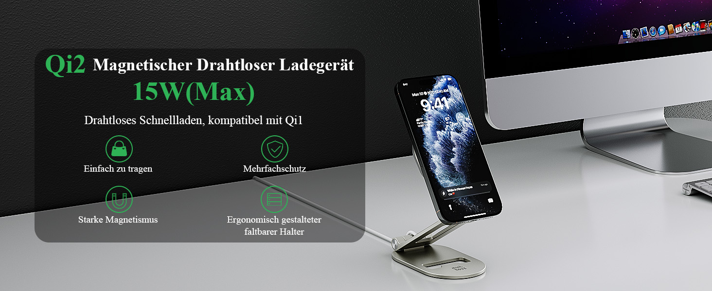 Магнітний бездротовий зарядний пристрій Minthouz Leap MR15 PRO, стійка-тримач з алюмінію з підтримкою швидкої зарядки 20W USB-C для iPhone 16, 15, 14, 13, 12 та AirPods Pro