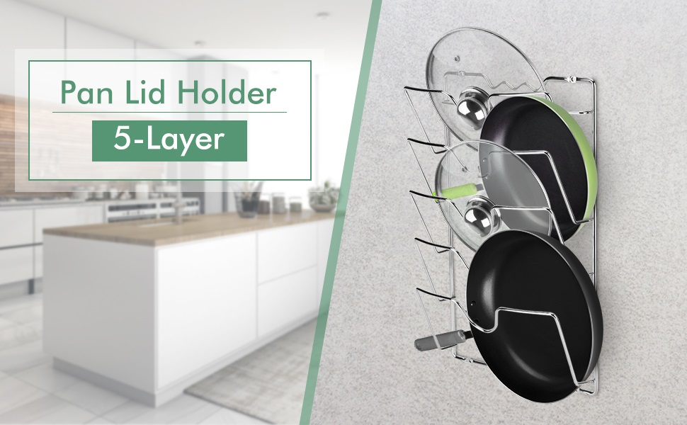 Wakects Pot Lid Holder Wall Mounted, Hanging Kitchen Lid Organizer, Vertical Stainless Steel Lid Rack, Holds 5 Lids, Metal Pot Holder, for Pots and Cookware, 43.4 x 27.8 x 9.7 cm