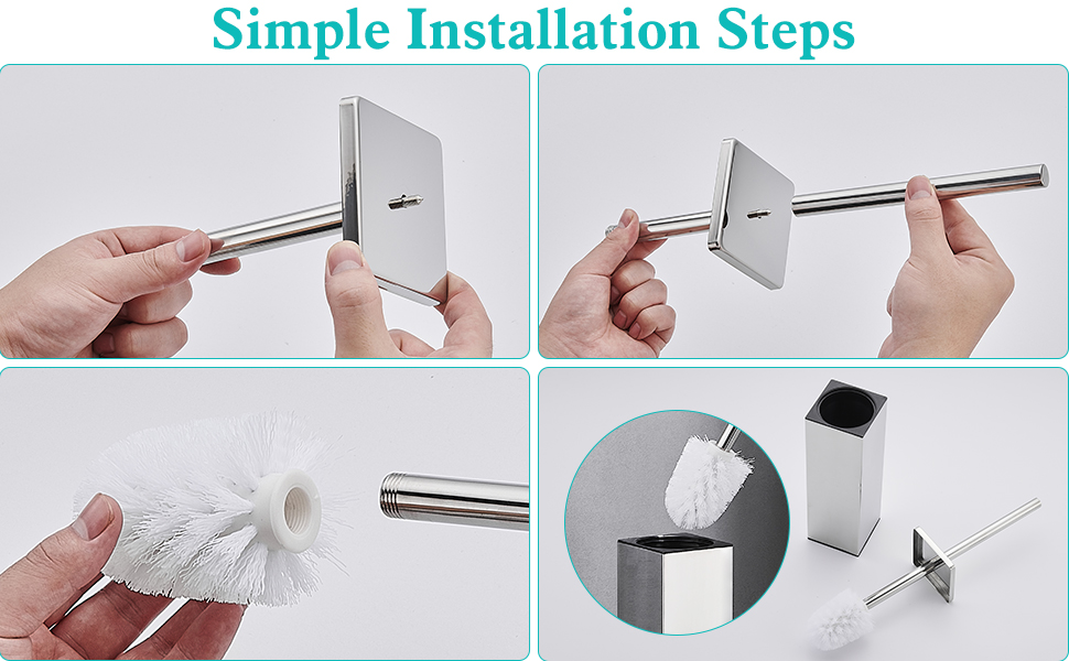 Набір для туалету ALFKET: щітка та тримач, нержавіюча сталь, з захистом від бризок, квадратна форма, з додатковою насадкою, 8x8x42.5 см, срібний