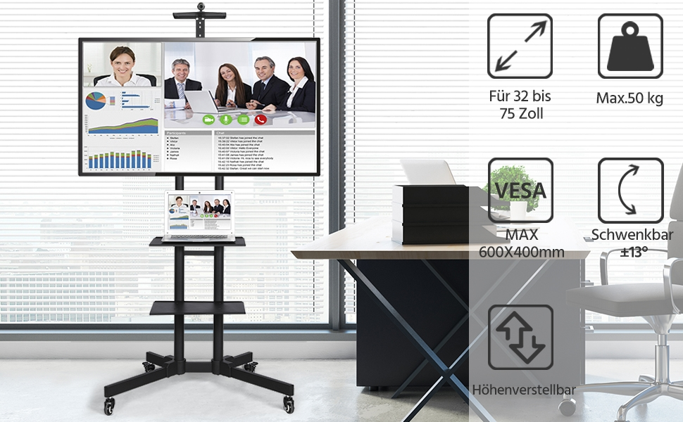 Yaheetech Rolling TV Stand with Adjustable Height and Tilt - VESA Mount, Fits up to 75 inch Flat & Curved TVs (600x400mm)