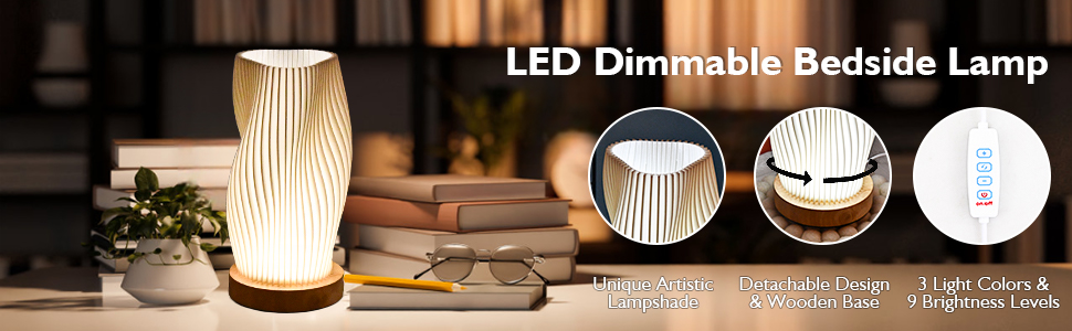 Нічна лампа Focenat з дерев'яним цоколем, 9-рівнів регулювання яскравості, мінімалістична лампа з абажуром з PLA, невелика лампа з кабелем, для спальні, вітальні