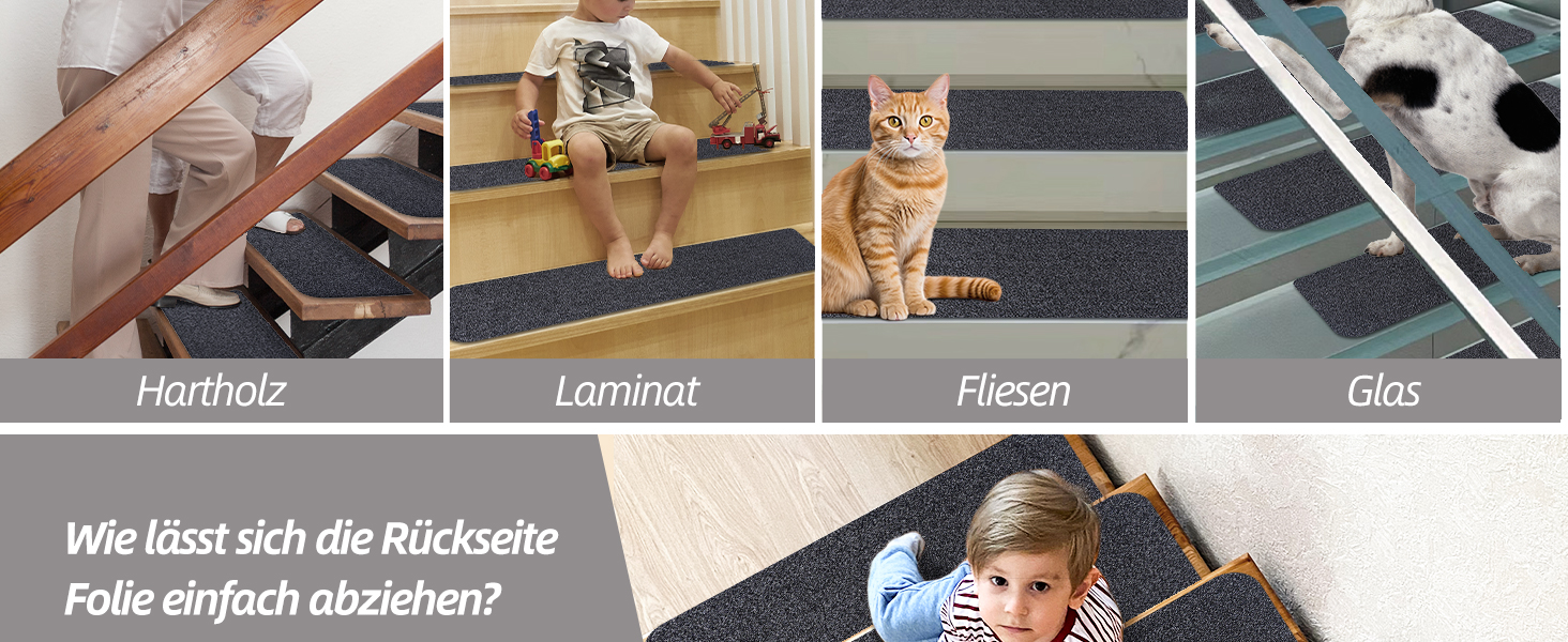 Килимок для сходів COSY HOMEER, 15 шт., 70x22 см, самоклеючий, машинне прання, 100% поліестер, TPE-підкладка, безпечний для дітей та домашніх тварин