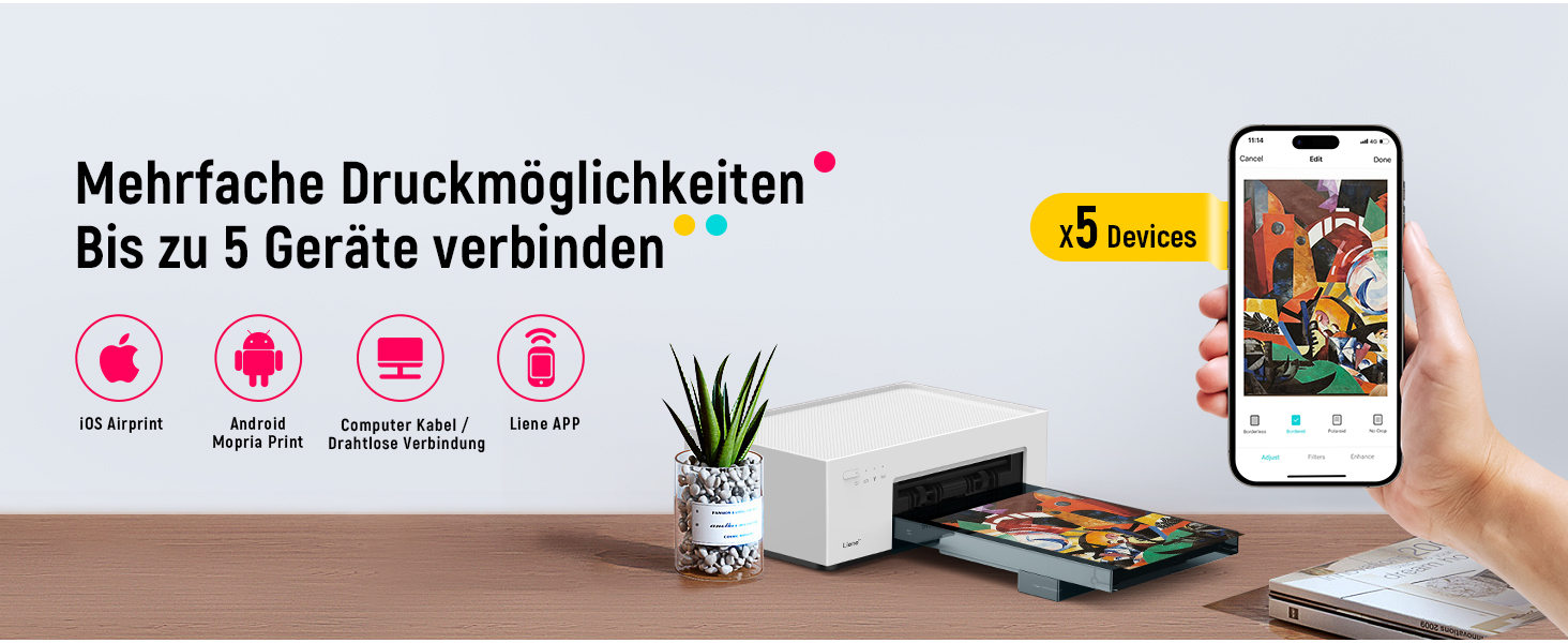 Портативний фотодрук для смартфонів Liene (10x15 см) + 2 пачки фотопаперу (20+80 аркушів), WiFi, сублімація, для iPhone/Android/PC, білий