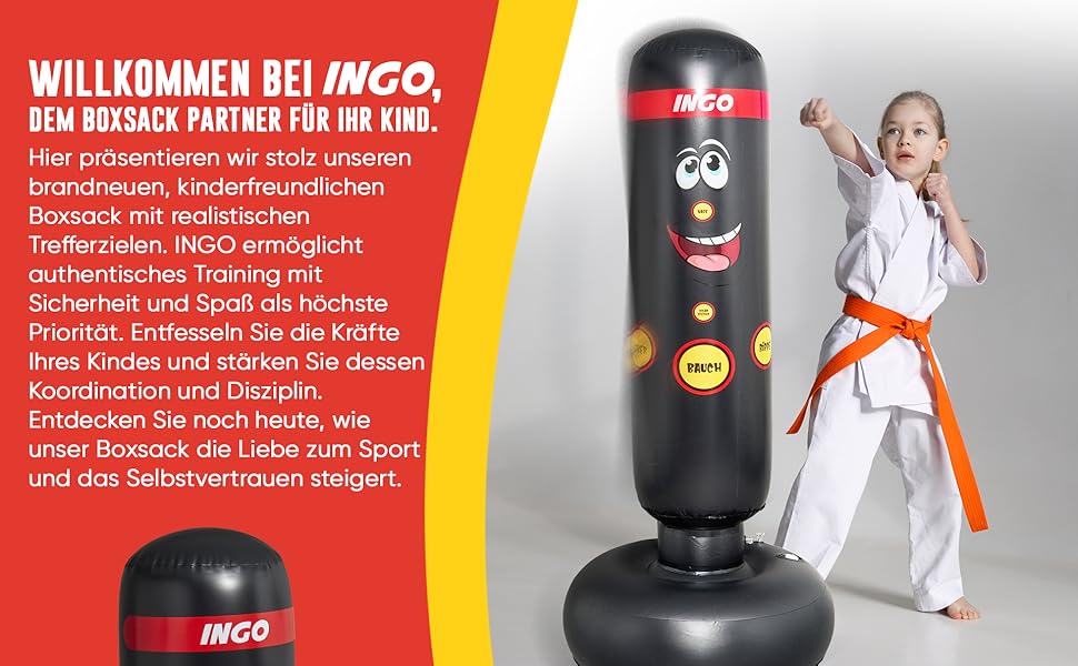 Дитячий боксерський мішок INGO® з навчальними зонами, рукавички та насос | 165 см для розвитку фокусу та самоконтролю