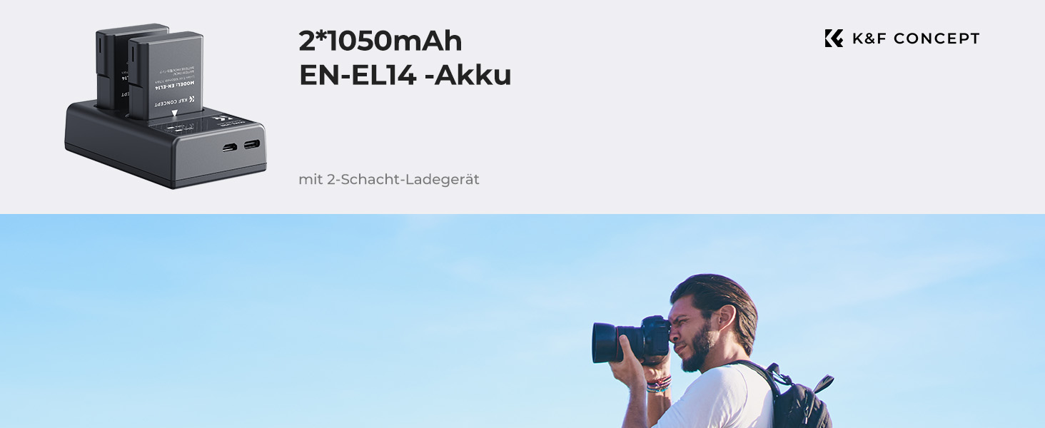 Акумулятор K&F CONCEPT EN-EL14 (2 шт.) та зарядний пристрій 2xUSB для Nikon D3500, D5600, D3200, D3300, D3400, D5500, Coolpix P7800, P7700, P7200, P7100, P7000