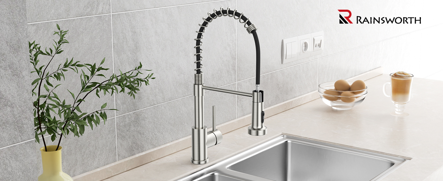 Кухонний змішувач Rainsworth з нержавіючої сталі з двома режимами струменя та висувною лійкою, 360° обертання, висота 45 см