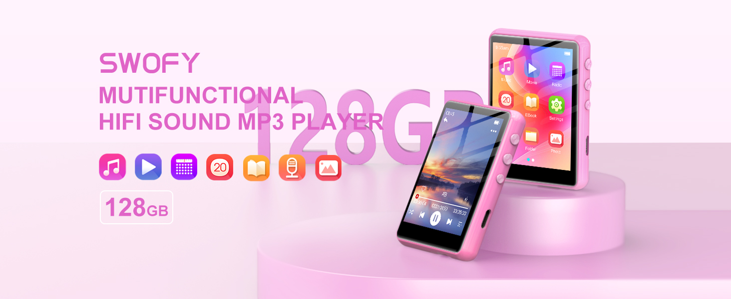 MP3 плеєр SWOFY 128GB Bluetooth 5.3, Рожевий - міні-плеєр з сенсорним екраном 2.4