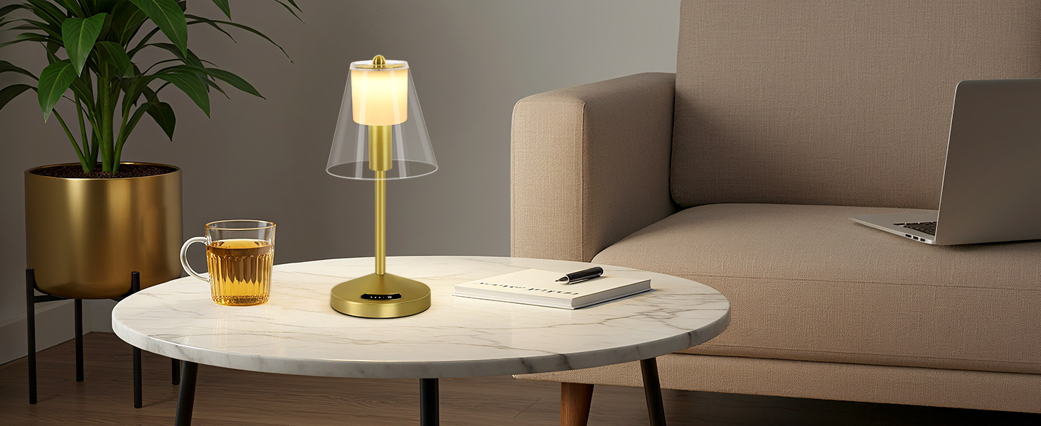 OUTON Бездротова настільна лампа Gold – LED лампа з торканням, регулювання яскравості, 3 режими кольору (3000K–6000K), акумулятор 4000mAh, USB-C, до 120 годин роботи, пам'ять, для спальні, бару та декору, золота