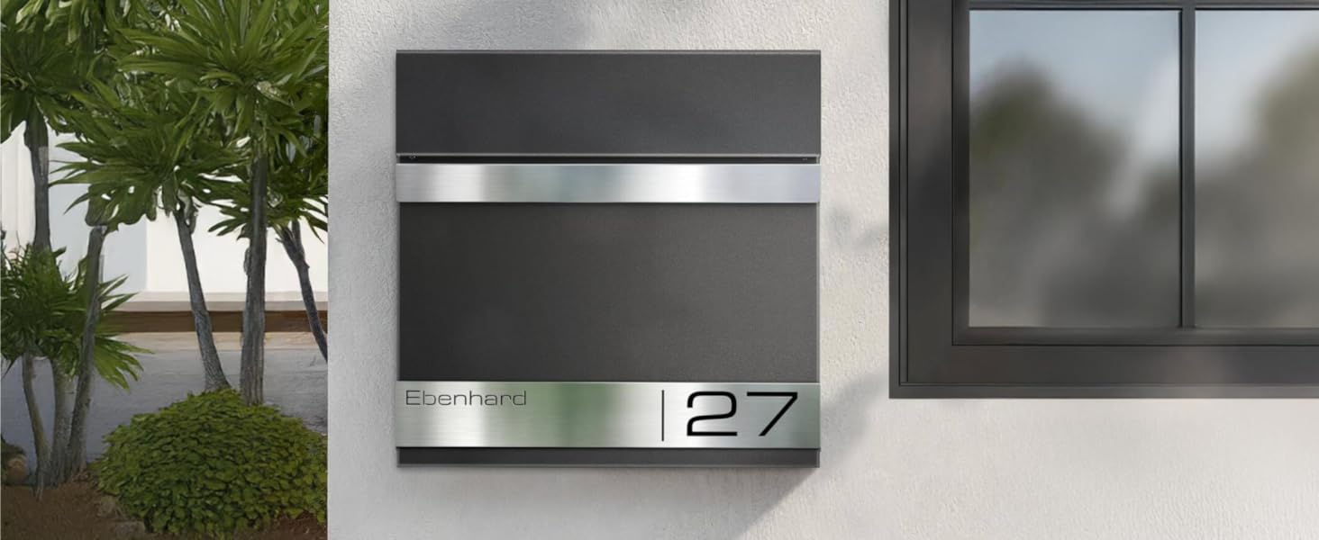 Поштова скринька Metzler Premium з газетницею Anthrazit (Антрацит) та іменним шильдиком - настінна, з нержавіючої сталі V2A з порошковим покриттям RAL 7016, модель Stencil