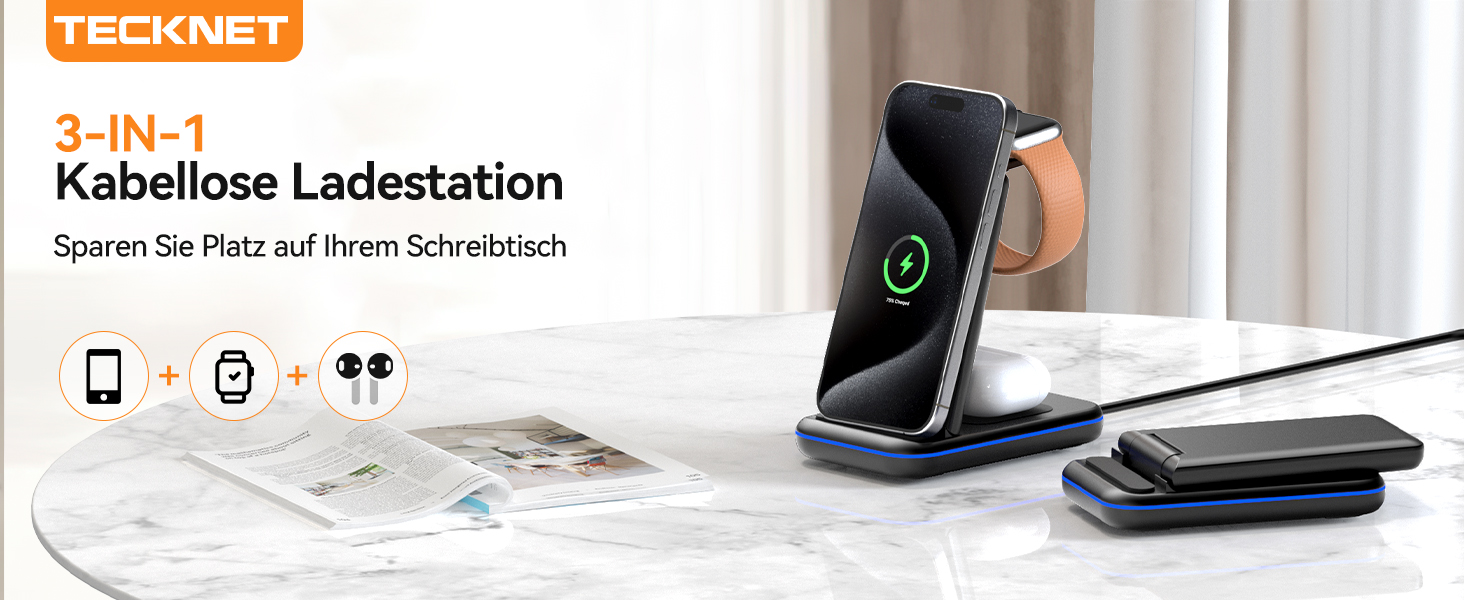 TECKNET Бездротова зарядка 3 в 1, Складна індукційна станція, Швидка зарядка для iPhone 17/16/15/14/13/12/11/Pro Max, Apple Watch Ultra/11-3/SE, AirPods Pro 3-2/4-2, Чорний