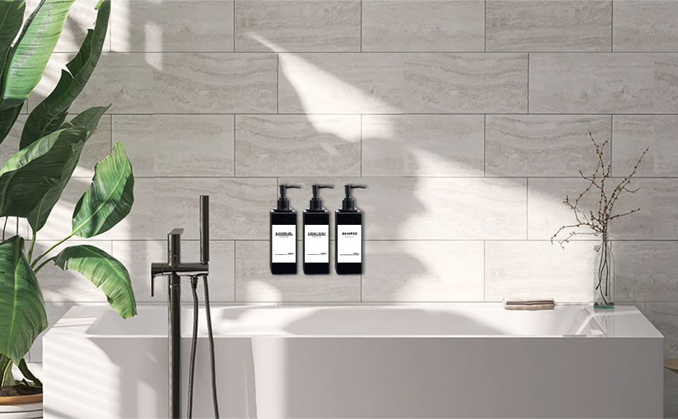 Набір з 3 дозатори для мила Roselee на стіну, 500 мл, без свердління, для душу, шампуню, ванни, чорний