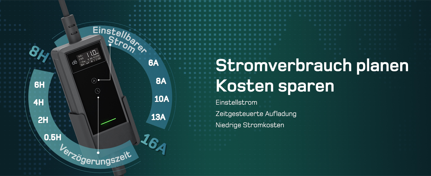 Зарядна станція для електромобілів Dé Mobile 11 кВт (6 м) з регулюванням потужності, кабель CEE 16A на Typ 2, сумісна з Model Y/3, ID.3/4/5, MG4, EX30, e-up, e-tron та BEV/PHEV