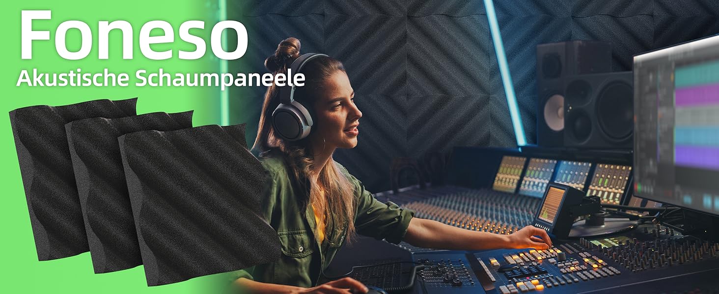 Акустичний поролон Foneso для звукоізоляції, панелі-поглиначі шуму 30x30x5 см, висока щільність 25кг/м³, хвилястий візерунок, чорний (8 шт.) для студії, офісу та кімнати запису