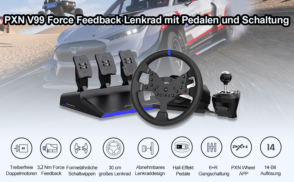 PXN V99 Формульний кермо для гонок на ПК, Xbox One, Xbox Series X/S, PS4 з Force Feedback 3.2 Nm, педалі з перемиканням передач та Hall-ефектом