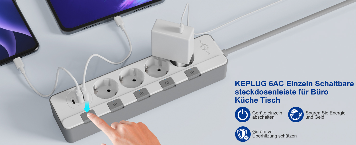 Мережевий фільтр KEPLUG з USB-портами (4000W, 16A) - розетка з 2 Type C, USB-A, дитячий захист, 2 м кабель