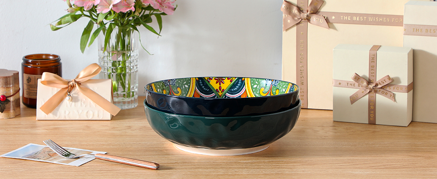 Набір тарілок Vancasso 4 шт. для супу та салату, керамічні, 2340 мл, темно-синій та зелений, придатні для миття в посудомийній машині та мікрохвильовці