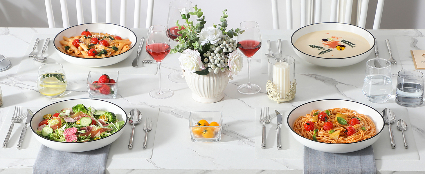 MALACASA Набір посуду 6 шт. з порцеляни: тарілки для пасти, супу, салату, сервірування. Білий з чорним обідком, 1250 мл