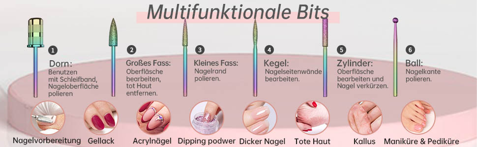 Електричний фрезер для нігтів Nagelfräser 6 в 1 з LED дисплеєм, 35000 об/хв, для манікюру, Shellac, Acrylgel, безпечний для початківців та професіоналів, рожеве золото