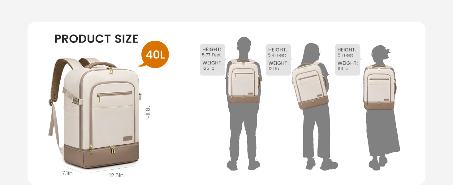 LOVEVOOK Рюкзак для ручної поклажі 40L з окремим відділенням для взуття, жіночий, для подорожей (3 шт.) Бежевий, Зелений