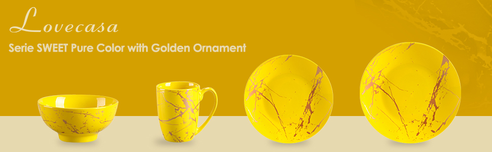 LOVECASA Набір посуду Sweet 16: 16-ти частинний сервіз з золотим декором, жовтий, для 4-12 осіб