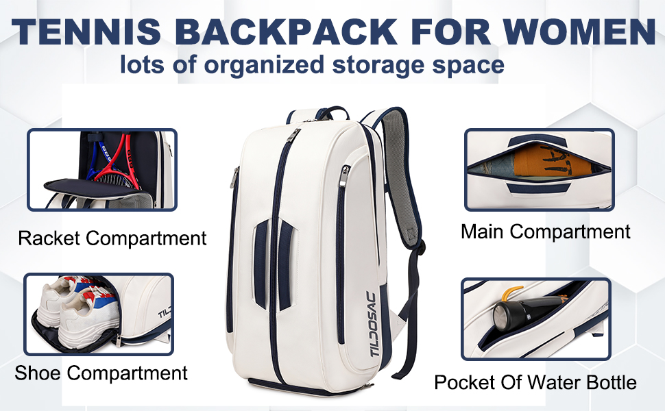 Tennis Padel Pickleball Bag - Large Sports Bag with Shoe Compartment, Laptop Sleeve & Ball Sleeve - White/Blue