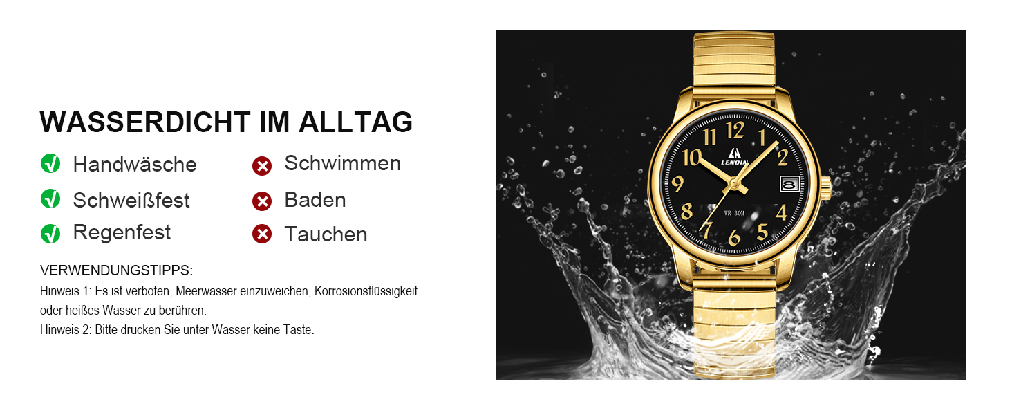 Жіночий годинник LN LENQIN: Водонепроникні годинники для жінок з нержавіючої сталі, кварцовий механізм, регульований ремінець (Золотий/Чорний)
