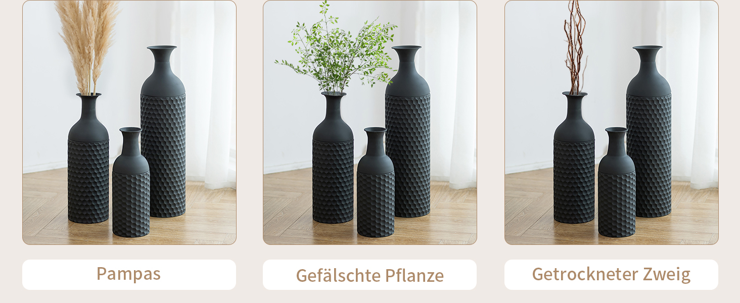 Vintage Black Tall Floor Vase Set of 3 - 68/51/41cm Metal Honeycomb Texture Matte Decorative Vase for Living Room, Dining Room, Bedroom, Office & Home Décor