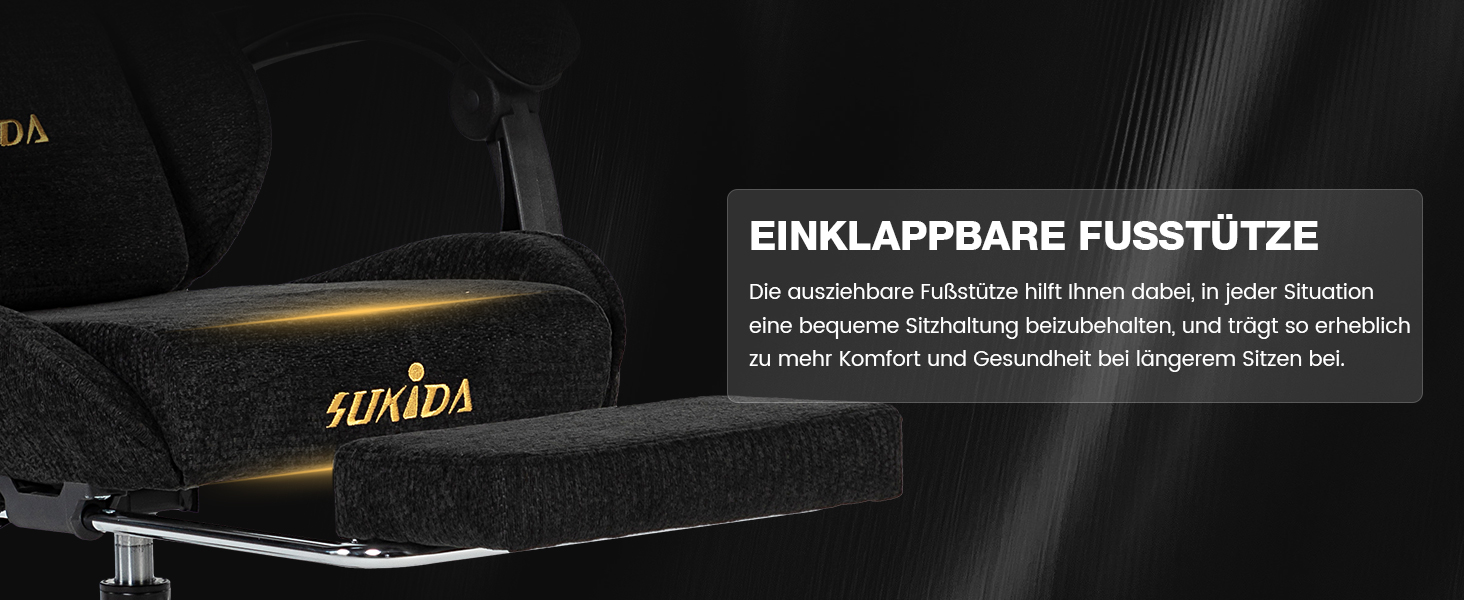 Ігрове крісло SUKIDA Ergonomic з тканини шеніль, з підставкою для ніг, підголівником та поперековою підтримкою, дихаючий матеріал, навантаження до 150 кг, чорне