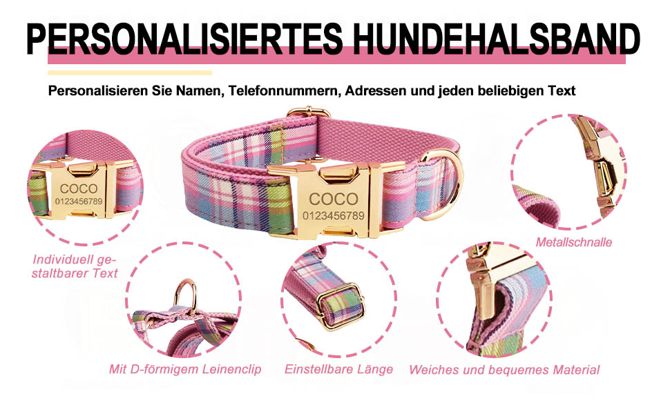 Нашийник для собак з металевою застібкою, двосторонній, з іменем та номером телефону, регульований розмір, M та L (Тартан)